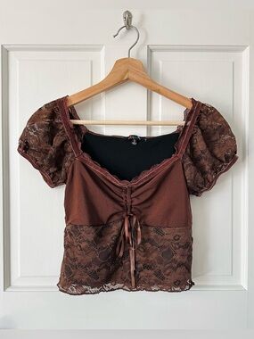 Delia’s by Dolls Kill Brown Lace Overlay Crop Top Cross Country Trip Size S
